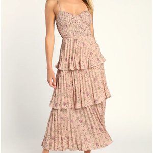 Lulus Cascading Crush Pink Floral Print Tiered Bustier Midi Dress - worn once